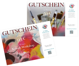 Gutscheine für Malworkshops, abstrakte Malerei, bunt, Pinsel im Köcher im Künstler-Atelier